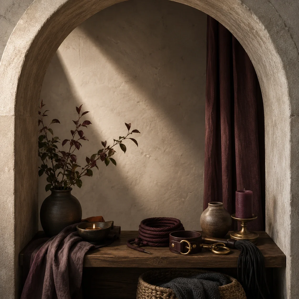 Warm arched alcove with natural textures, coiled rope, leather cuff, candlelight, and grounding objects symbolizing kink-affirming care.