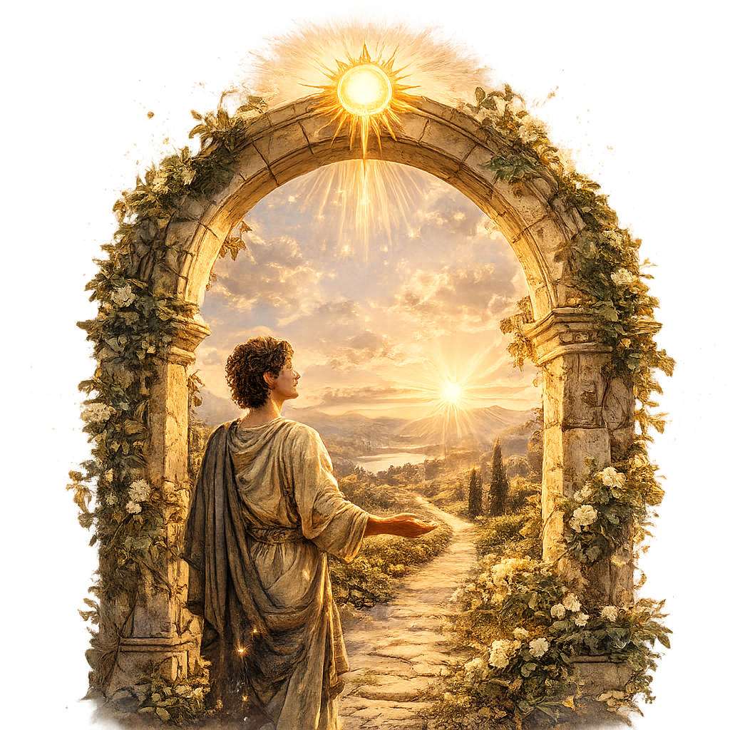 A Renaissance-style stone arch with a calm figure reaching toward a sunlit path through a peaceful landscape.