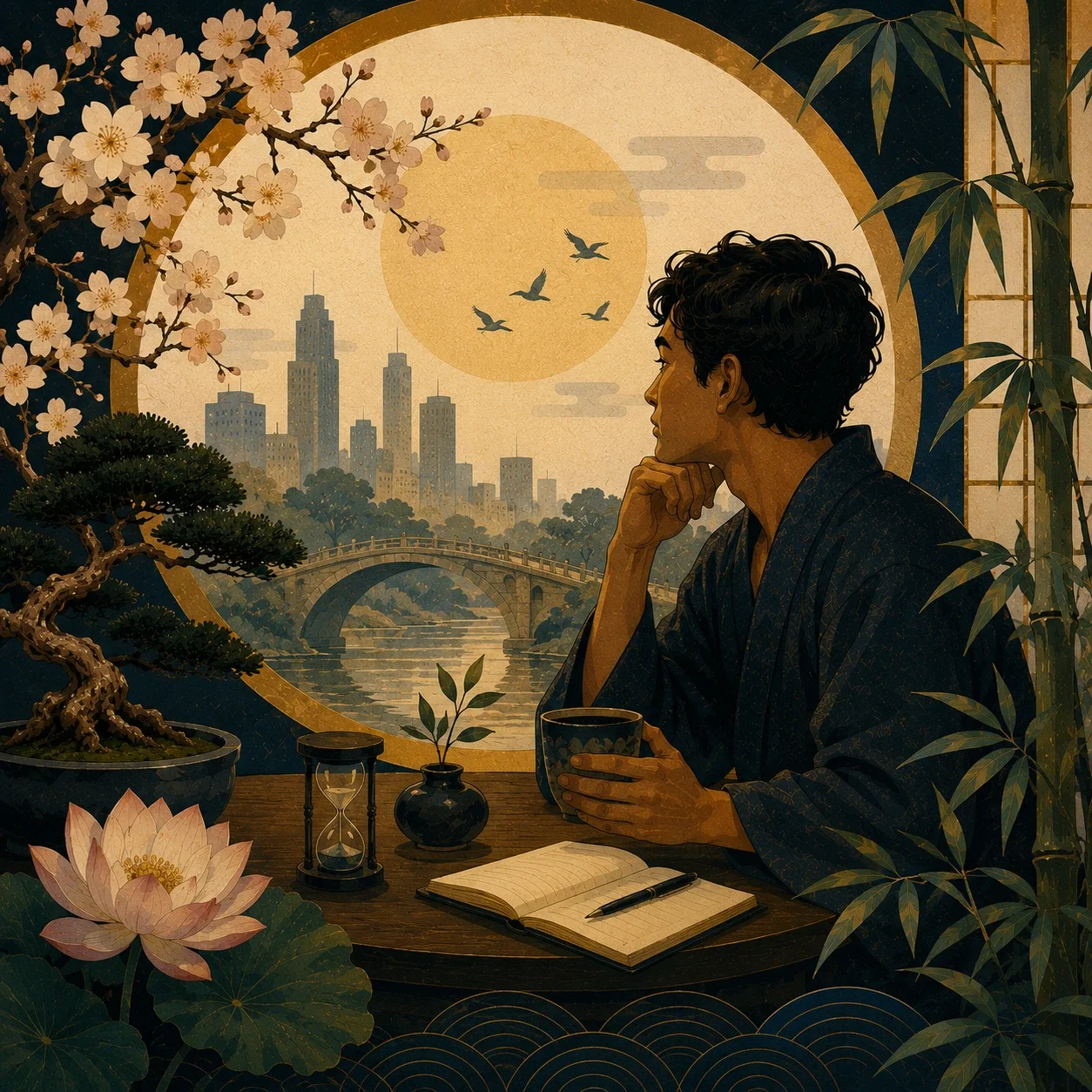 Japonism-inspired illustration of a person calmly waiting with tea beside an open notebook, surrounded by bamboo, cherry blossoms, water, and a city skyline.