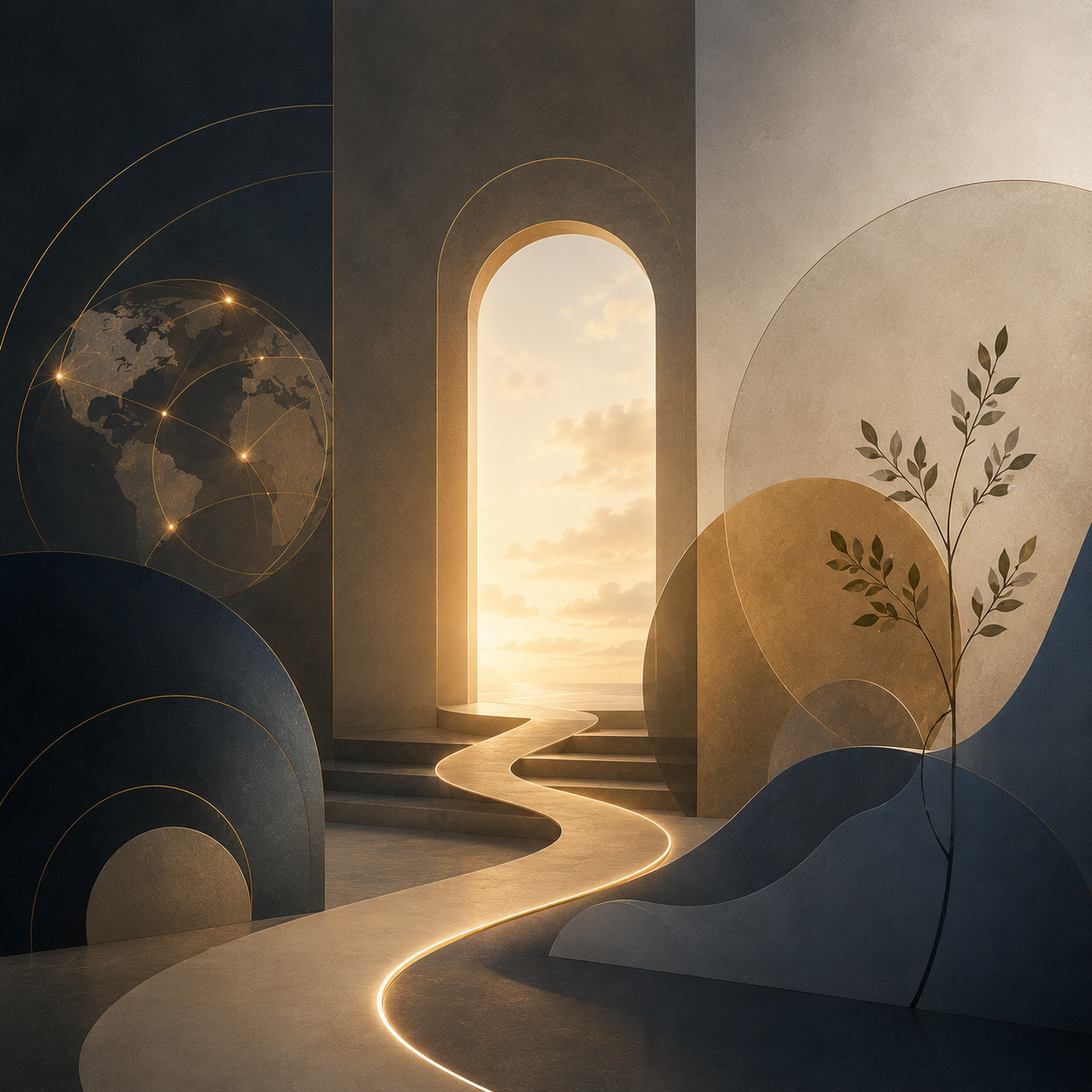 Conceptual artwork featuring a softly illuminated archway connected by a winding path of light, surrounded by abstract geometric forms and organic shapes, representing location requirements, access, and the beginning of a therapeutic journey.