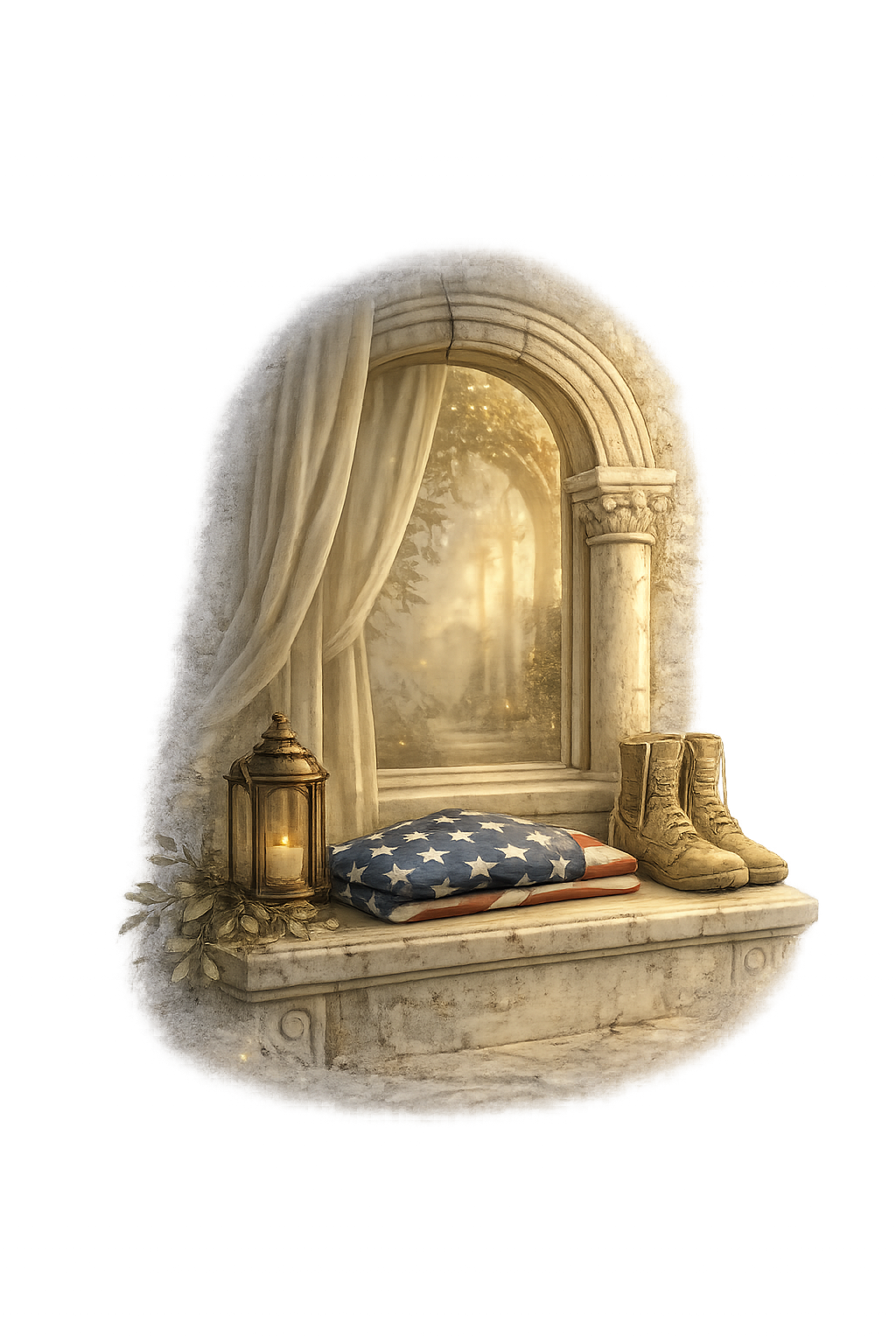Classical window-seat vignette with a glowing lantern, folded American flag, combat boots, and a sunlit path beyond the window.