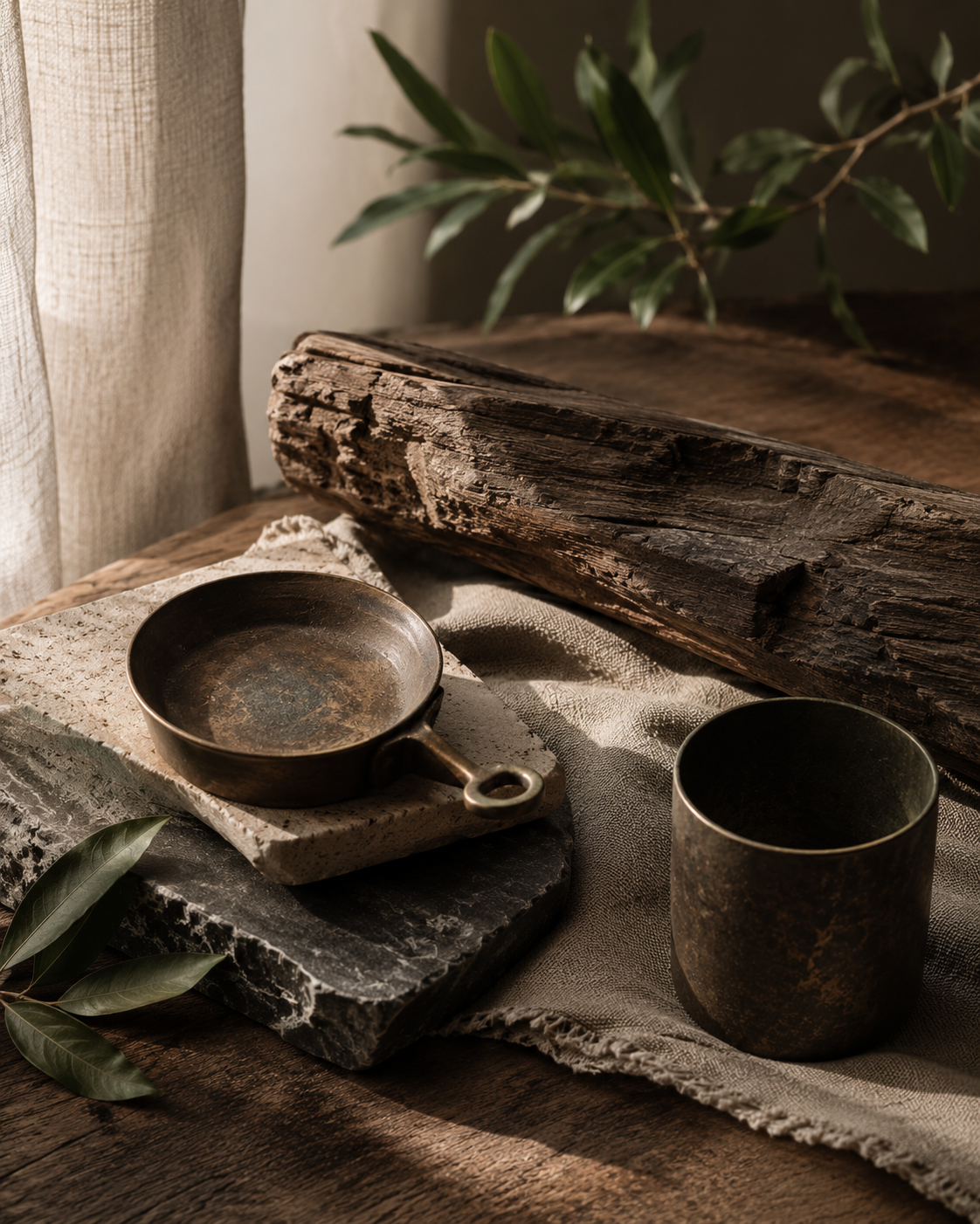 A dignified still life of aged bronze, weathered wood, stone, linen, and restrained greenery in warm natural light, carrying visible history while remaining intact and grounded.