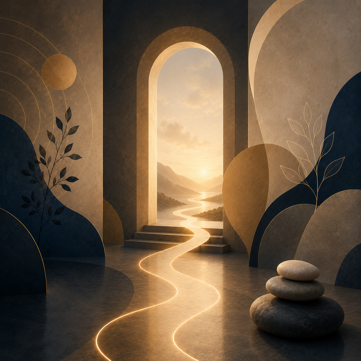 Conceptual artwork of a glowing path through a warm archway with layered boundary shapes, stones, and leaves suggesting scope of care, guidance, and clear therapeutic boundaries.