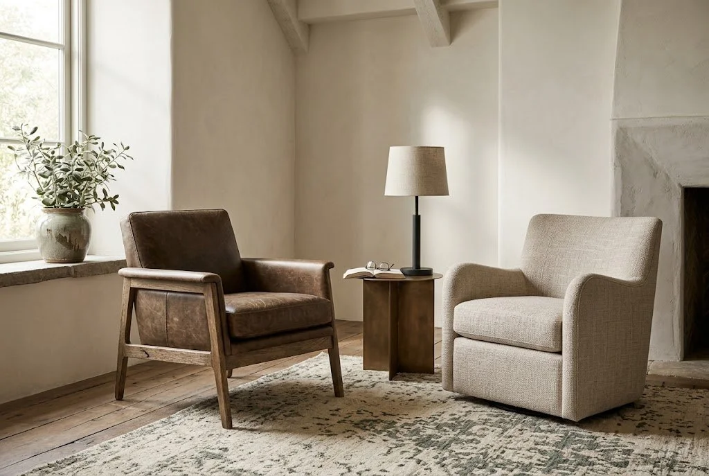 Warmly lit room with facing chairs. Left: brown leather near a window. Right: beige fabric. A geometric brass table holds a lamp, glasses, open book. Rug on wood floor. Fireplace in back.