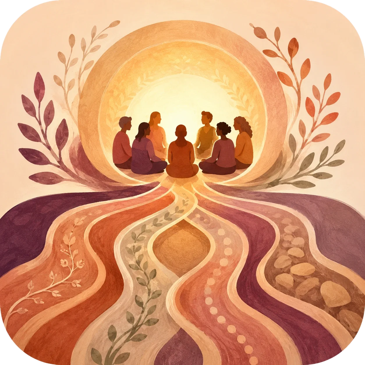 Warm icon of people gathered in a circle with multiple flowing paths, symbolizing polyamory and relationship care beyond conventional structures.