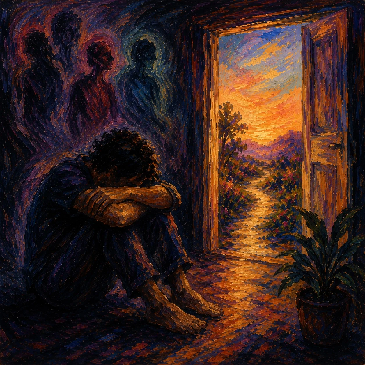 Expressionist-style image of an adult seated in shadow near an open doorway, with warm light and abstract figures suggesting trauma, shame, safety, and hope.