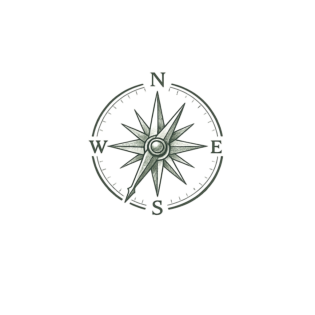 Minimal forest sage line-art compass icon with an eight-point compass rose and cardinal directions. The simple organic design symbolizes guidance, clarity, purpose, and finding your path.