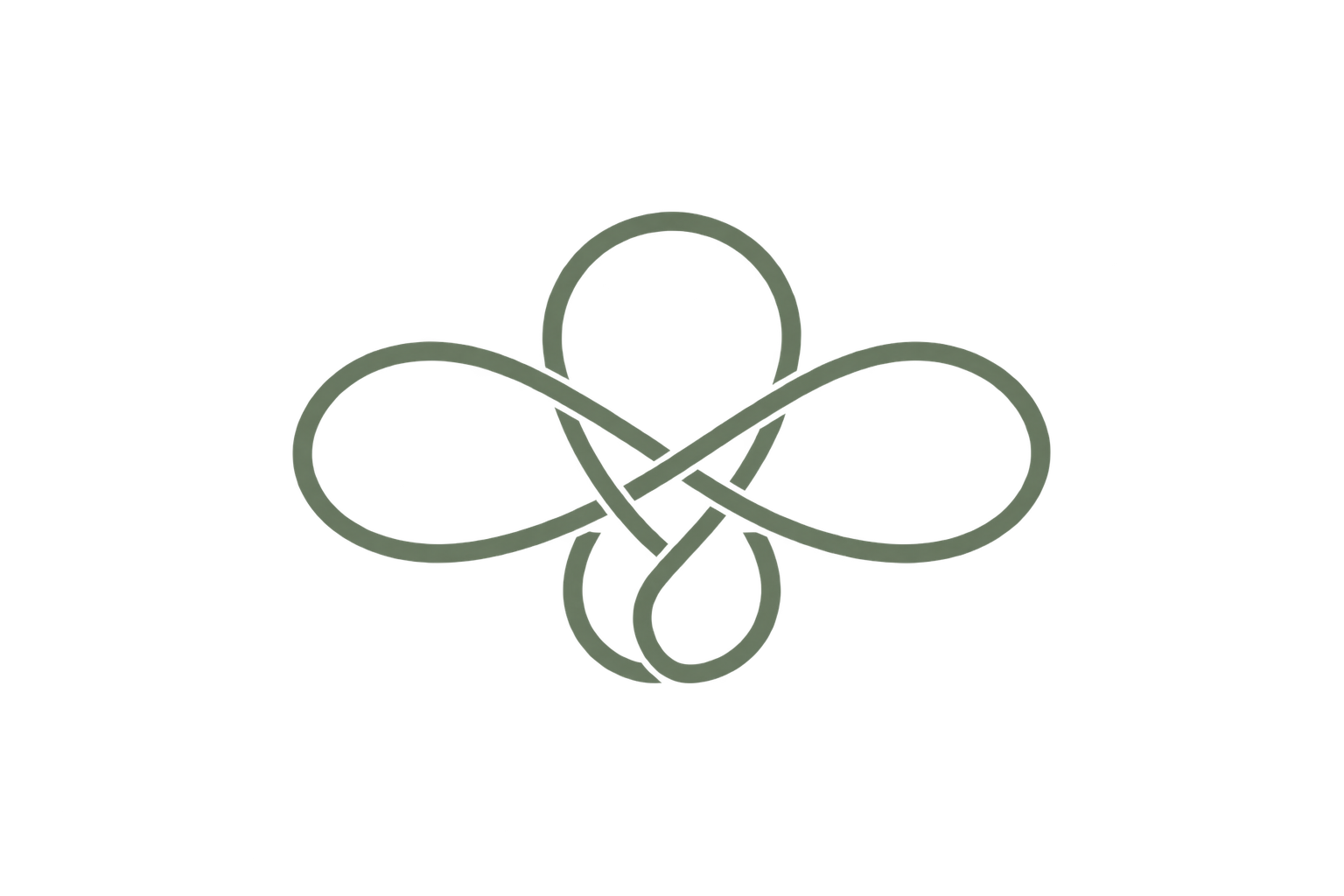 Minimal monoline grounded knot in muted Forest Sage with interwoven loops, symbolizing connection, continuity, balance, resilience, and integration.