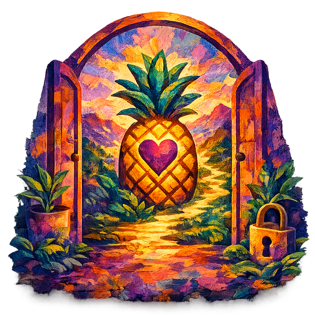 Fauvist-style pineapple vignette framed by open doors, a glowing path, plants, and a lock symbol.