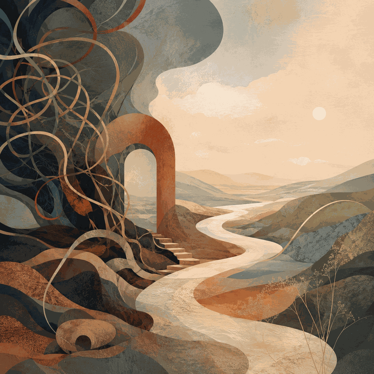 A surreal landscape with tangled looping lines beside a winding pale path leading toward an open horizon, symbolizing difficult thoughts, self-stories, and the possibility of moving beyond them with clarity and openness.