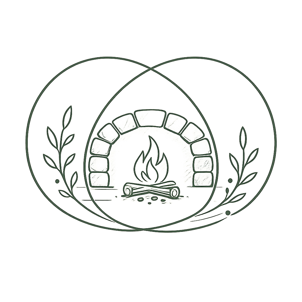 Minimal forest sage line-art icon of two intersecting circles framing a small stone hearth with a gentle flame. Organic branches and simple curves symbolize connection, safety, belonging, and shared growth.