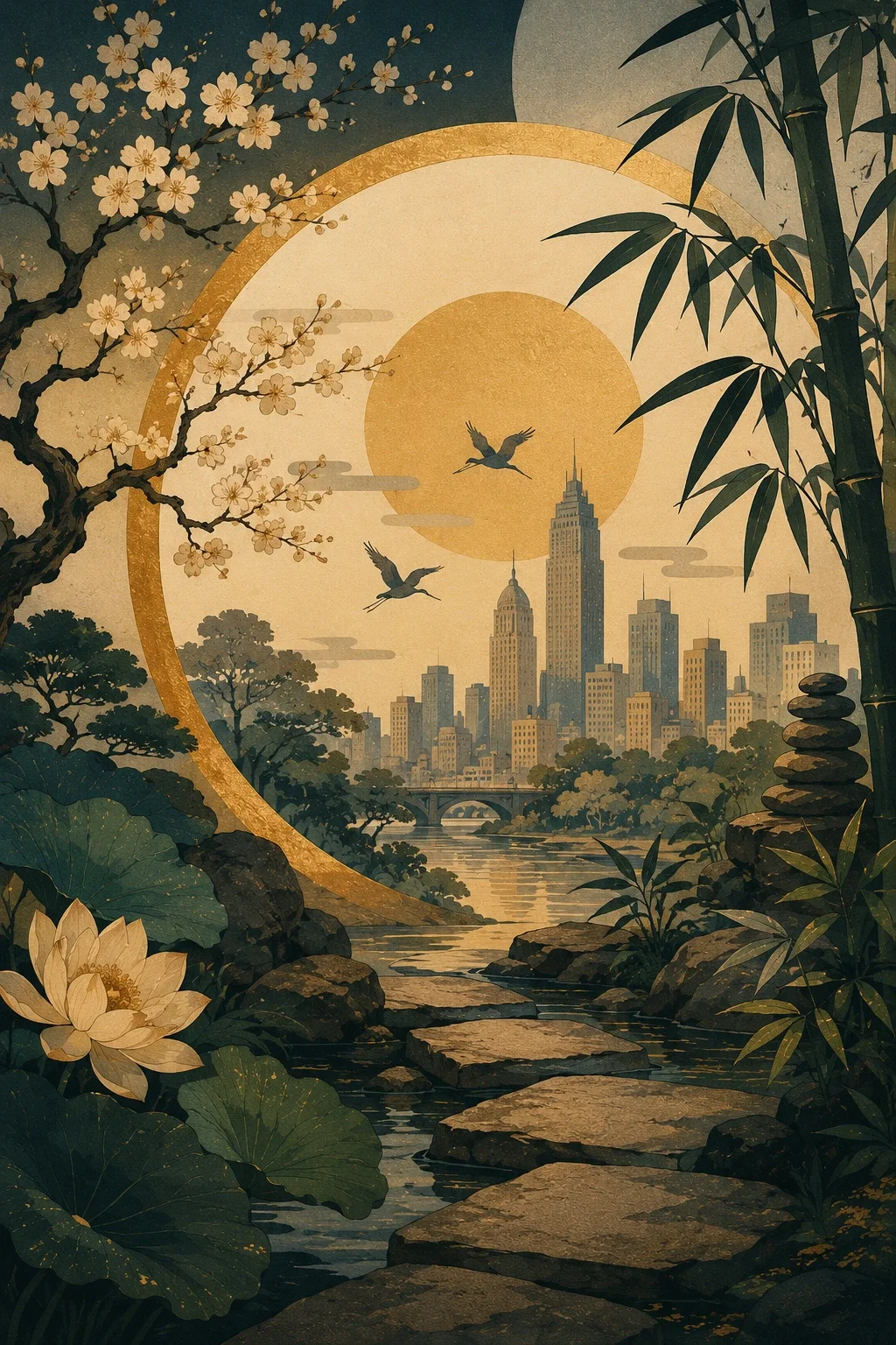 Japonism-inspired vertical garden scene with stepping stones, water, flowering branches, bamboo, and a city skyline framed by a golden arch.