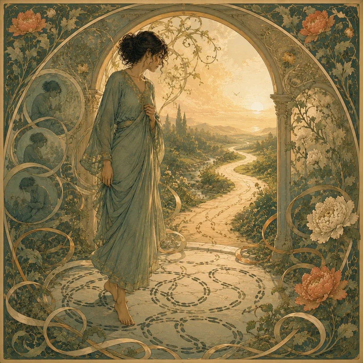 Art Nouveau-style illustration of a contemplative adult standing near an archway with looping footprints, winding paths, flowers, and vines, symbolizing avoidance, repeated behavior patterns, and the possibility of choosing a new direction.