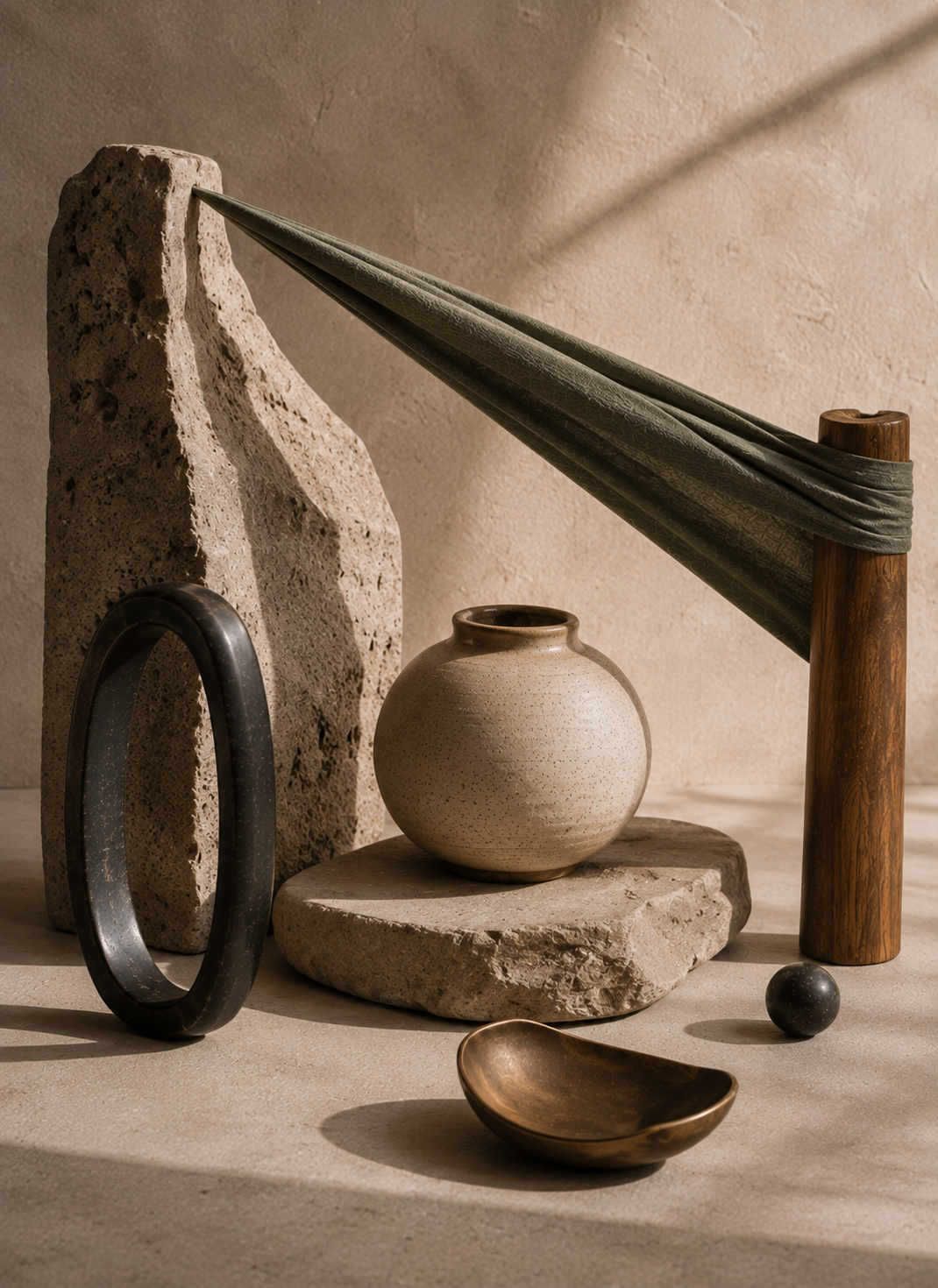Taut sage textile, wood, ceramic, stone, and dark metal form a precise, carefully braced arrangement in soft daylight, suggesting vigilance, control, anticipation, and sustained readiness.