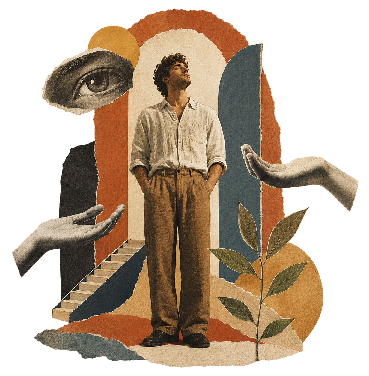 Dada-inspired collage icon of an adult standing among open hands, layered pathways, and natural elements, suggesting a full story being welcomed.