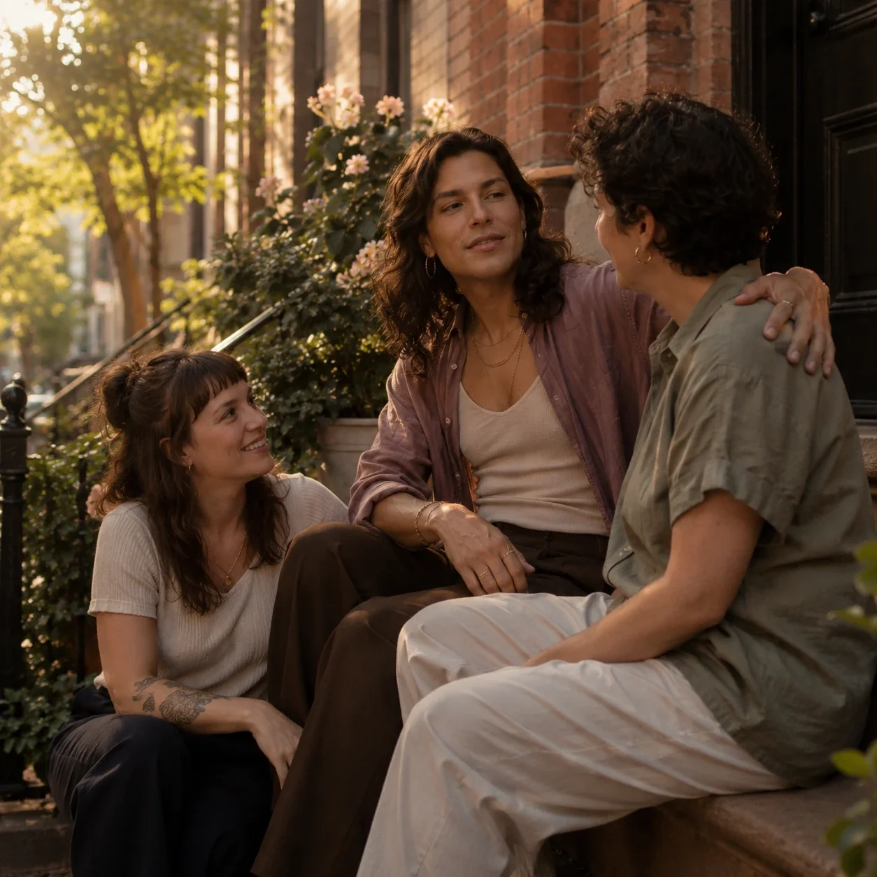 Three adults sit together on a city stoop in warm light, sharing a supportive conversation.