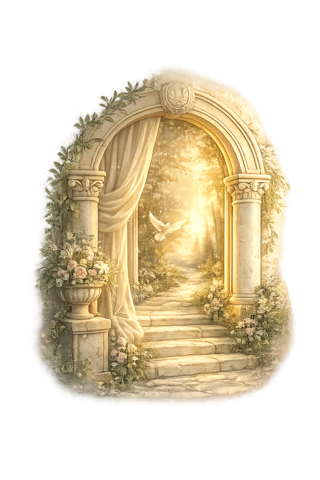 Classical garden archway with marble steps, soft flowers, and a bright path opening into warm light.