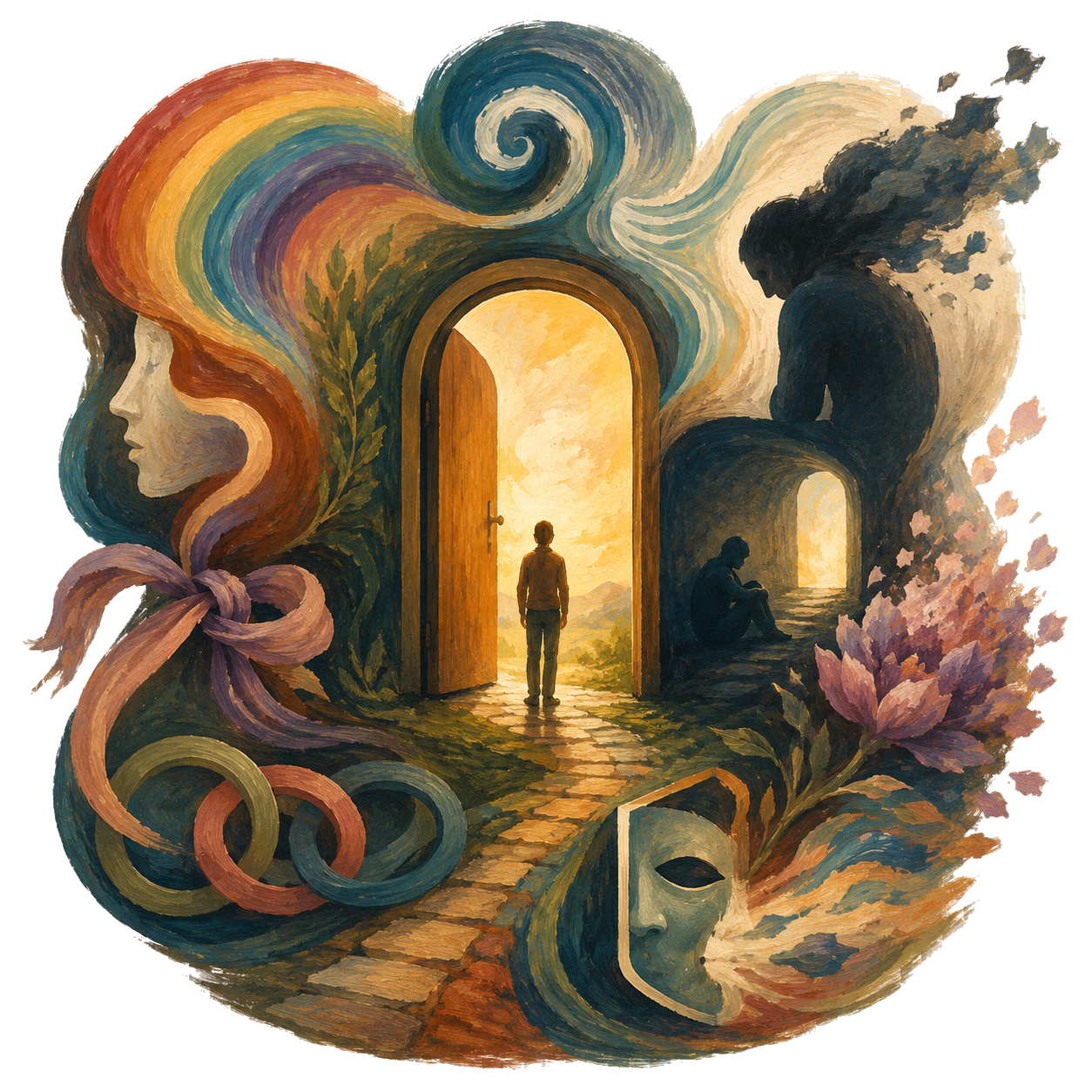 Expressionist-style icon with layered symbols, an open doorway, and a path of light suggesting different therapy needs being welcomed without needing to fit one category.