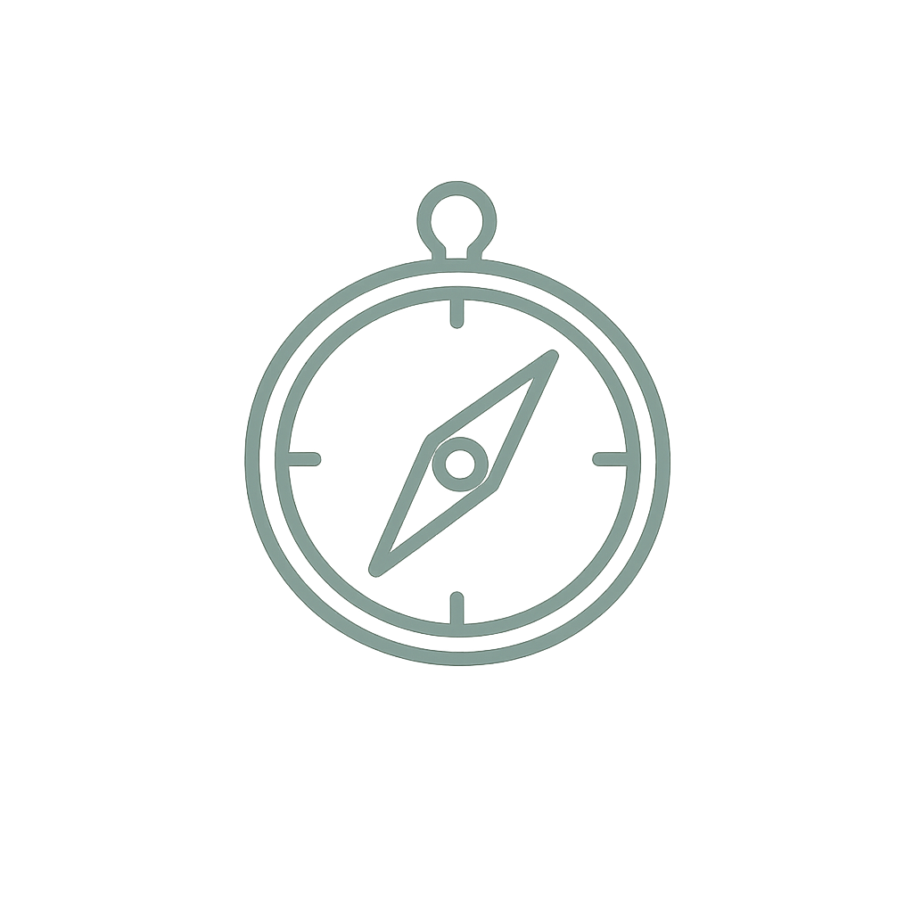 Minimal forest sage monoline compass icon with rounded lines, symbolizing calm guidance, authentic direction, and purposeful growth on transparent background.
