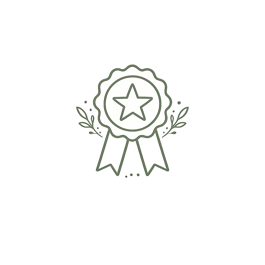 Minimal forest sage line-art icon of an award ribbon with a five-point star and subtle botanical accents. The simple organic design symbolizes excellence, achievement, recognition, and trusted expertise.