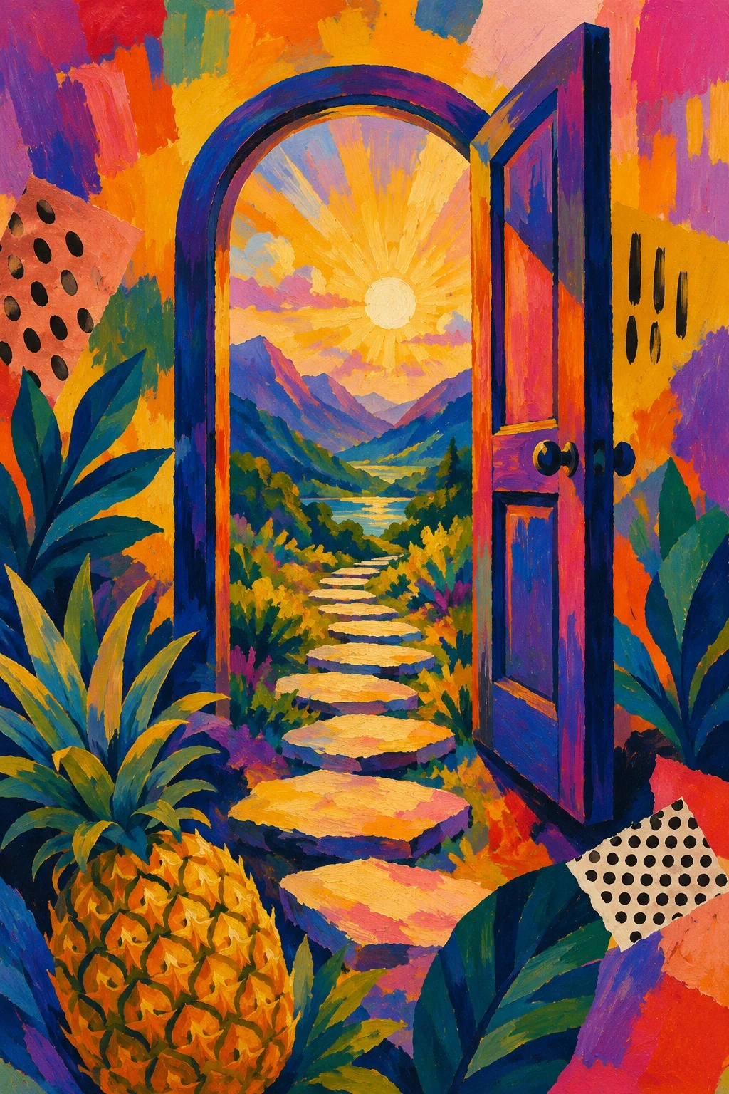 Fauvist-style painting of a vibrant open doorway leading to a sunlit mountain landscape, surrounded by tropical foliage and a pineapple in expressive, saturated colors.