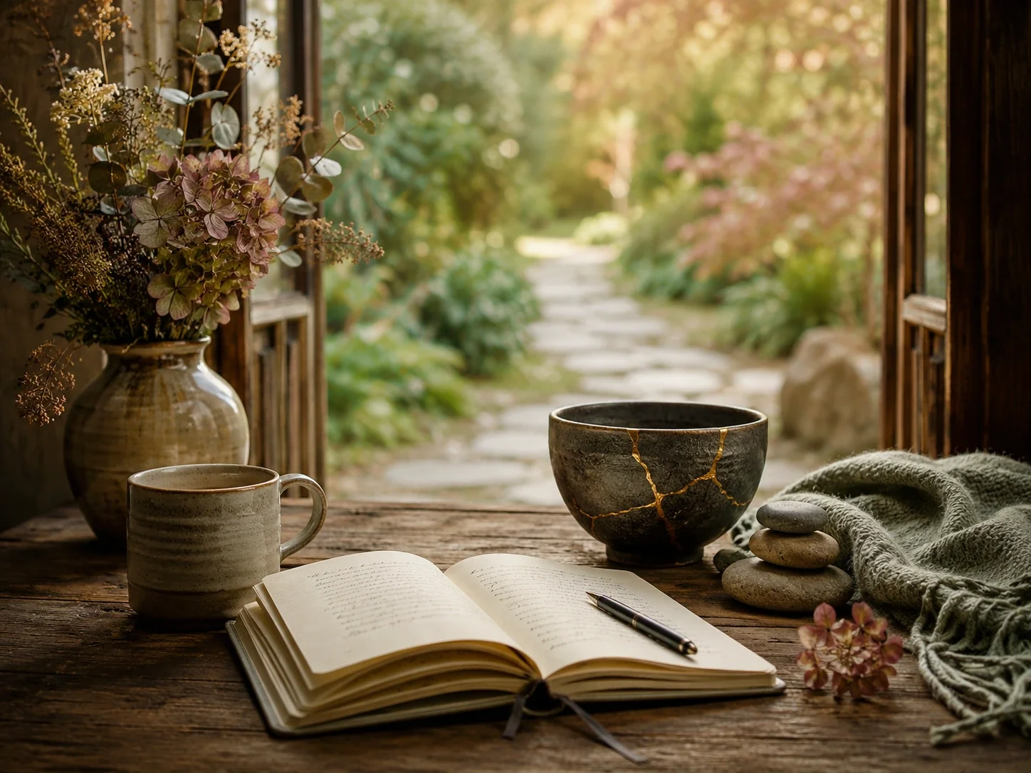 Reflective trauma specialty page image with an open journal, tea mug, kintsugi-style bowl, stacked stones, dried flowers, soft blanket, and a quiet garden path beyond an open doorway.
