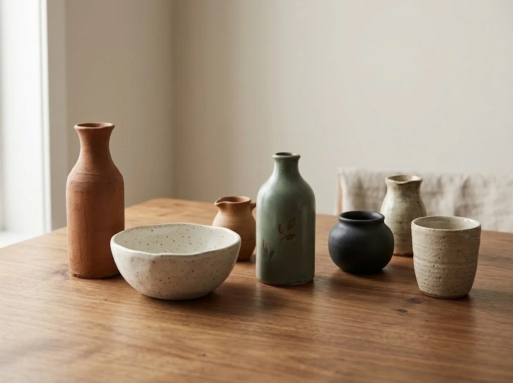 An assortment of handmade ceramic vessels—a tall terracotta vase, white speckled bowl, sage green bottle, and small black pot—rests on a warm wood table in soft light.