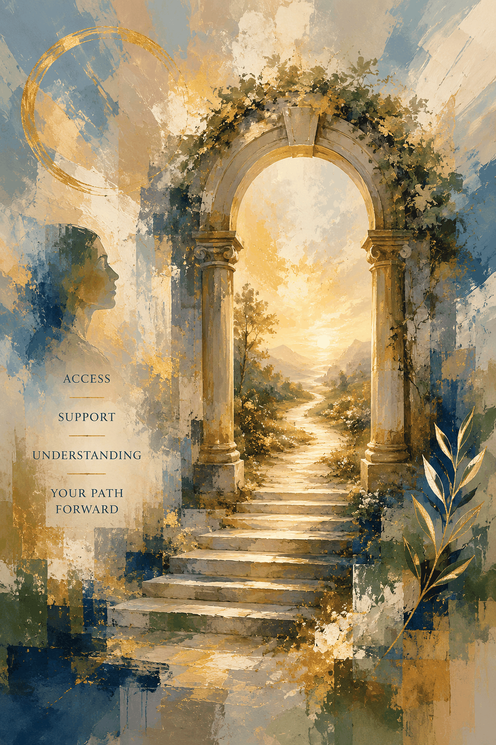 Abstract vertical archway with layered brushwork, stone steps, and a bright path opening toward the horizon.