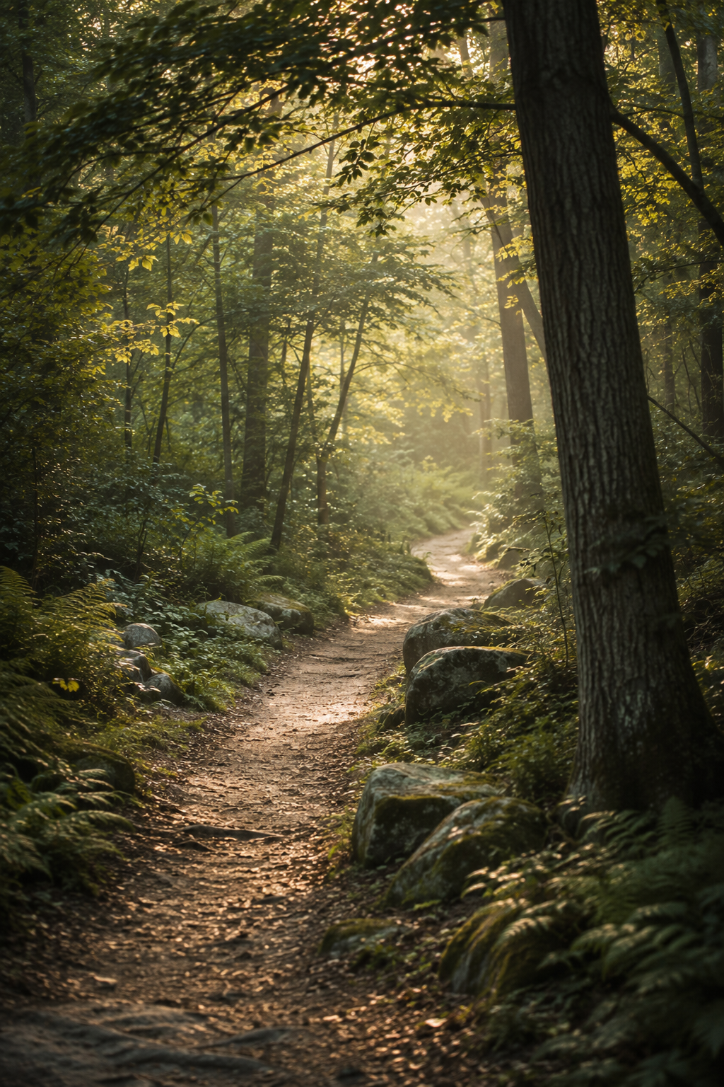 Quiet forest path winding through mature trees and ferns in soft morning light. Moss-covered rocks, warm golden sunlight, and muted green tones create a peaceful, grounding woodland atmosphere.