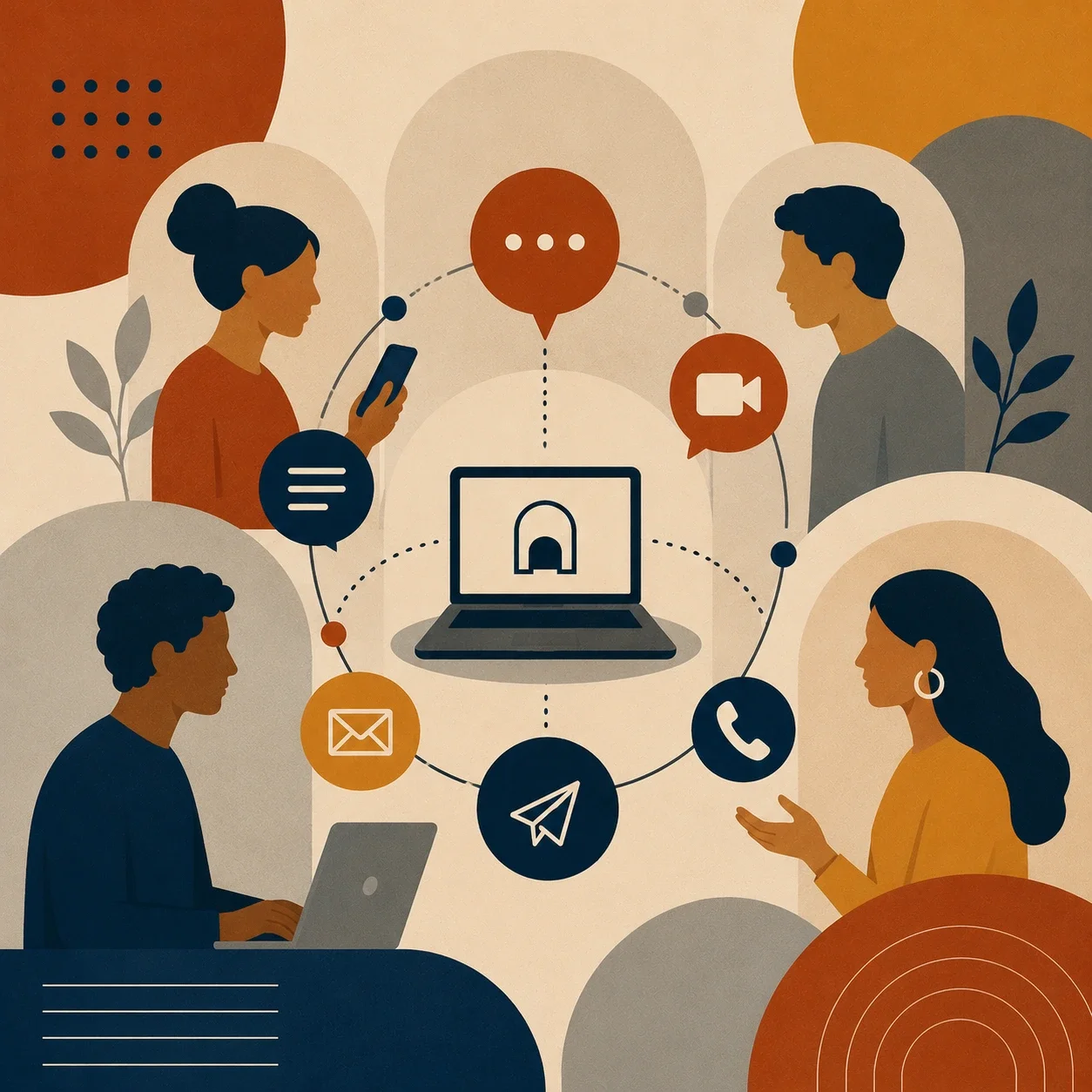Conceptual square illustration of people connected through digital communication tools.