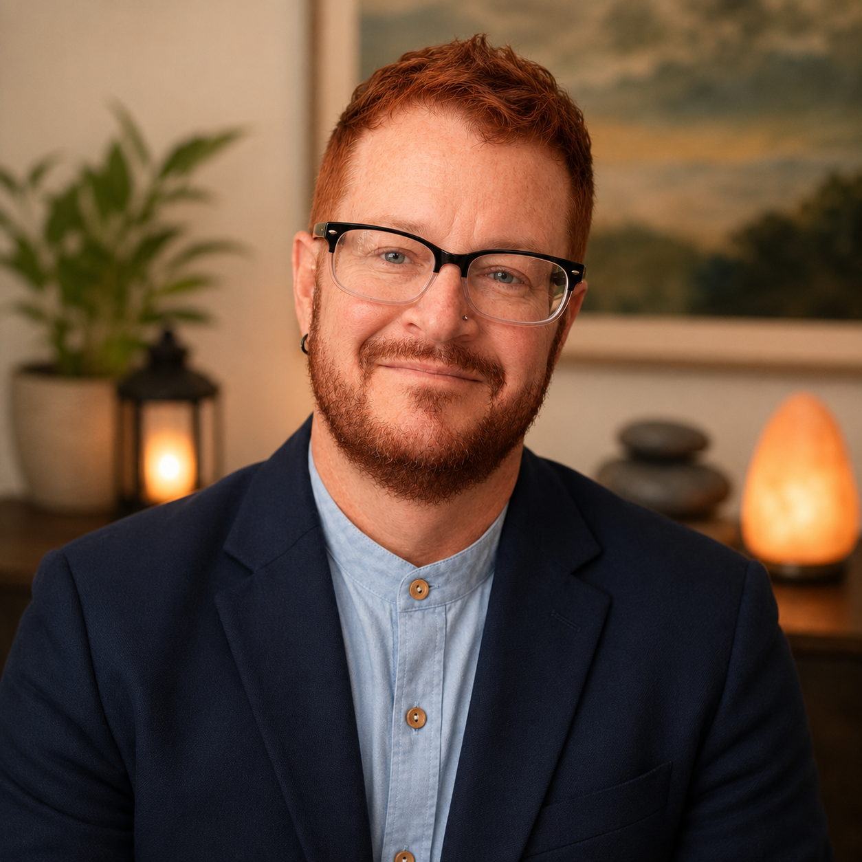 Philip A. Bower, LICSW smiling in a professionally lit headshot wearing a navy blazer and light blue shirt, conveying a warm, approachable, affirming presence in a calming therapy office with soft natural décor in the background.