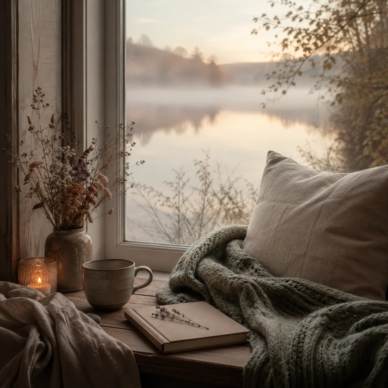 Reflective lakeside window nook with soft blanket, candlelight, dried flowers, tea, and a journal overlooking still water.