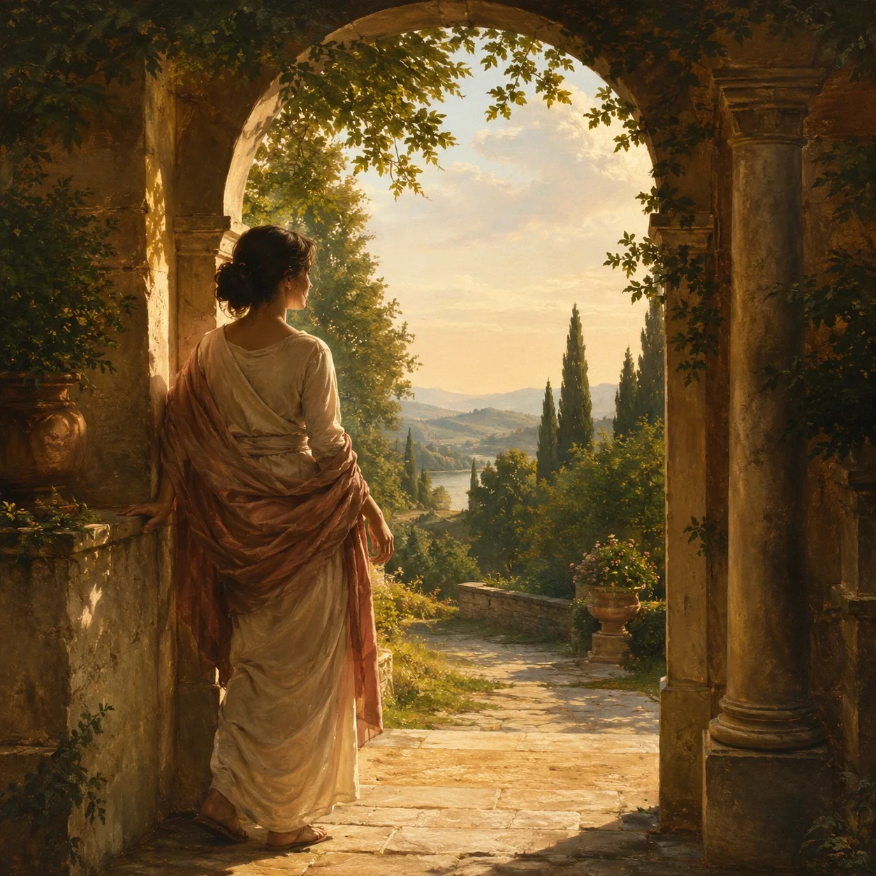 A calm figure stands beneath a sunlit stone archway, looking out toward a peaceful garden path and distant hills.