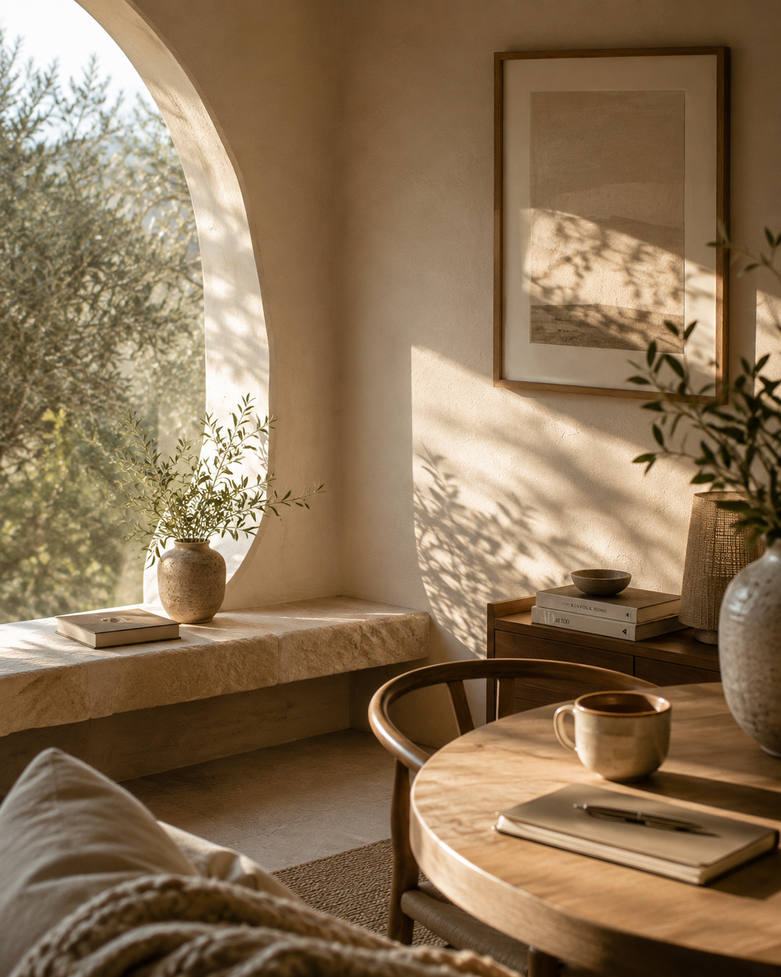 Warm morning light streams through a curved window onto linen textures, natural stone, and wood, creating a peaceful, grounding interior in soft sand tones.