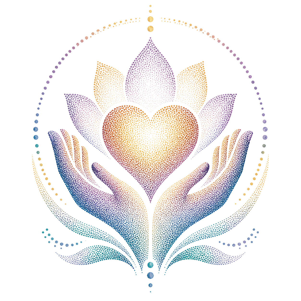 Pointillism-style transparent icon of two open hands holding a glowing heart and lotus-like petals, symbolizing self-compassion, mindfulness, care, and gentle self-connection.