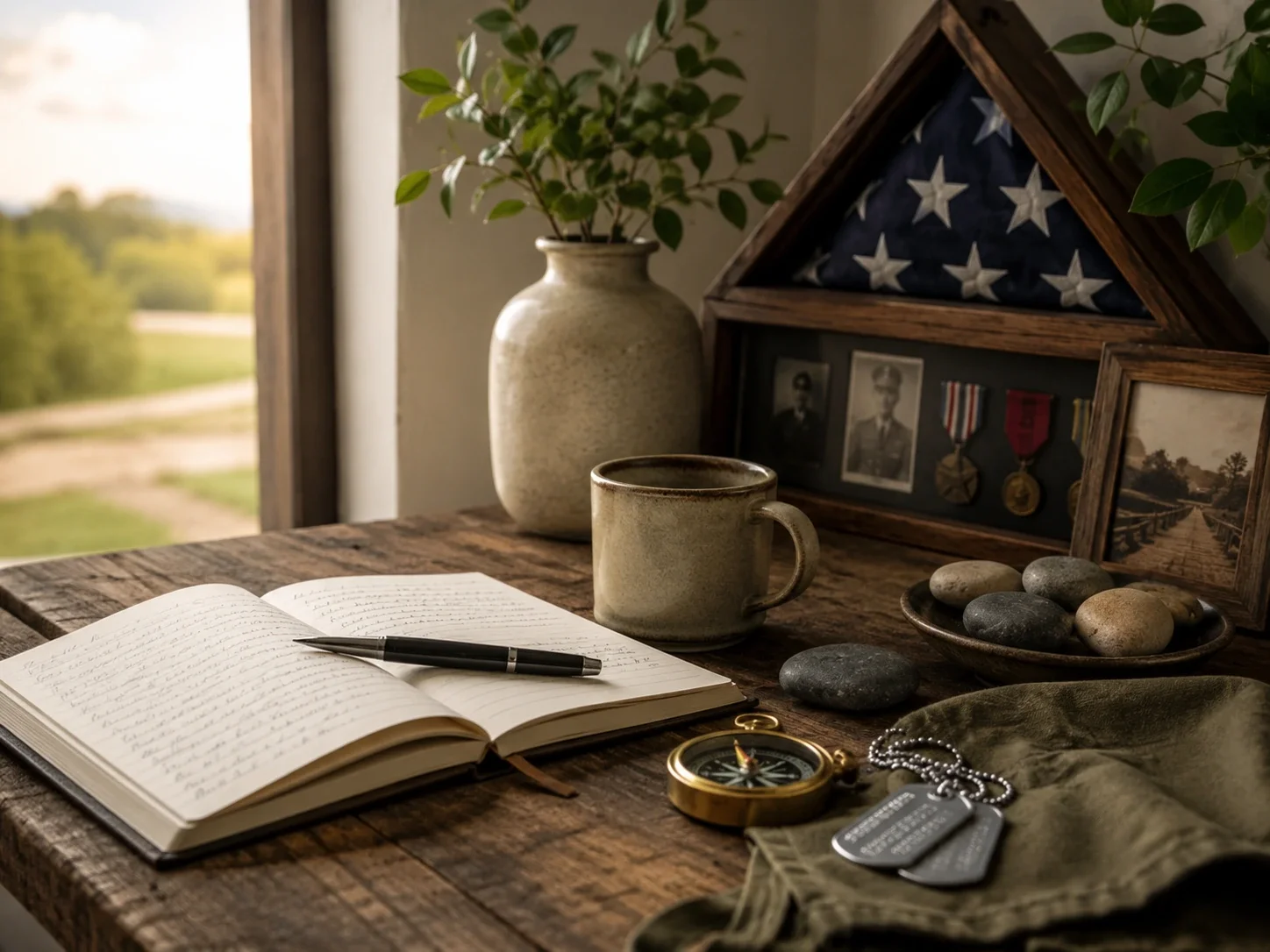 Grounded veterans and identity therapy still life with an open journal, ceramic mug, compass, dog tags, grounding stones, and a folded flag display with medals and framed photos.
