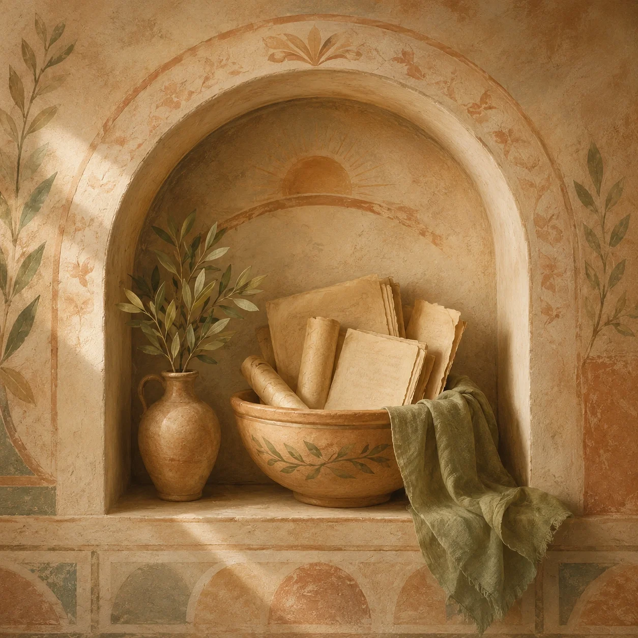 Ancient-art-inspired alcove with protected documents, warm light, natural textures, and a reassuring privacy-focused mood.