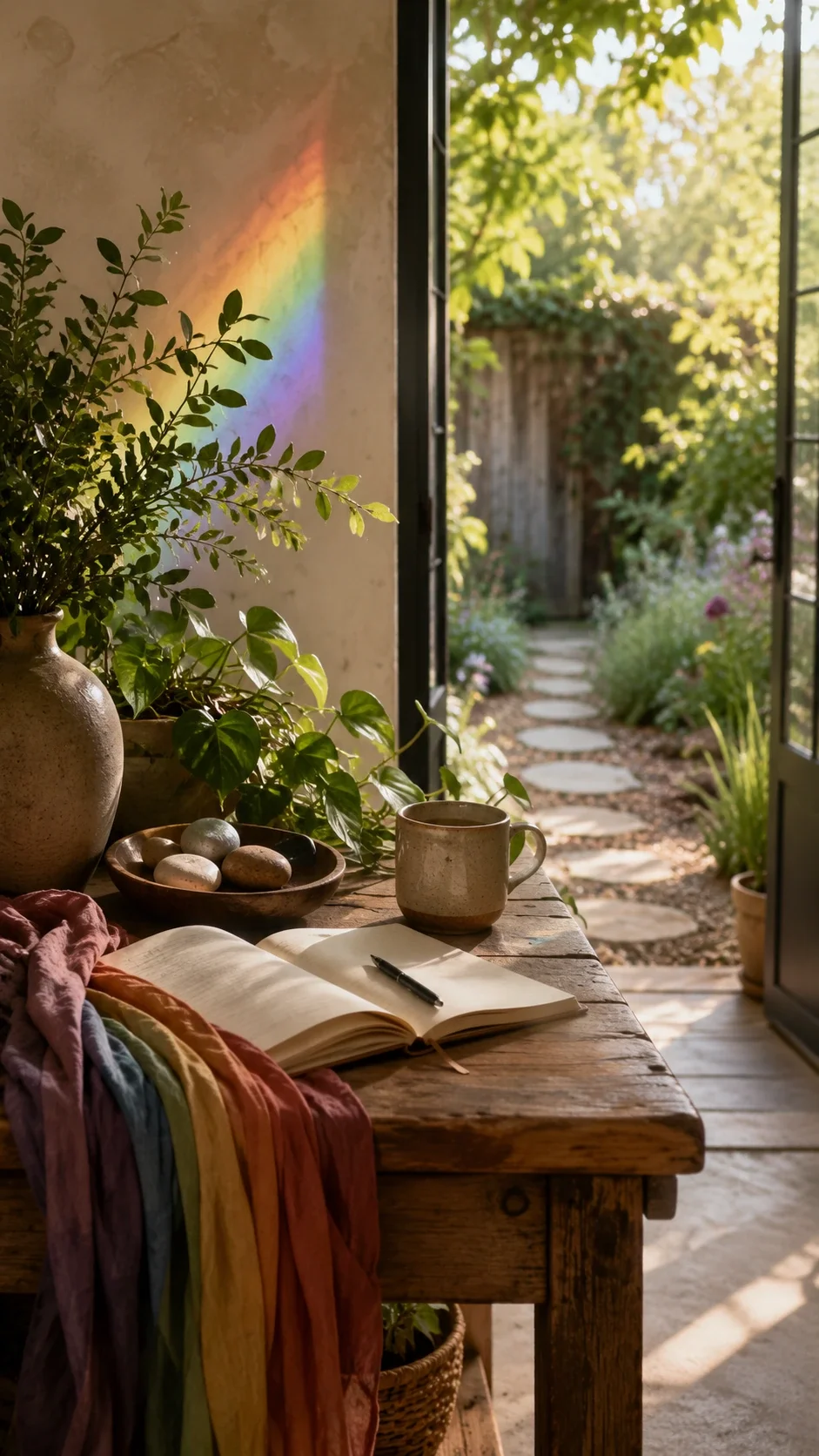 Grounded LGBTQIA+ hero image with an open journal, ceramic mug, grounding stones, leafy plants, muted rainbow fabric, prism light on the wall, and a sunlit garden path beyond an open doorway.