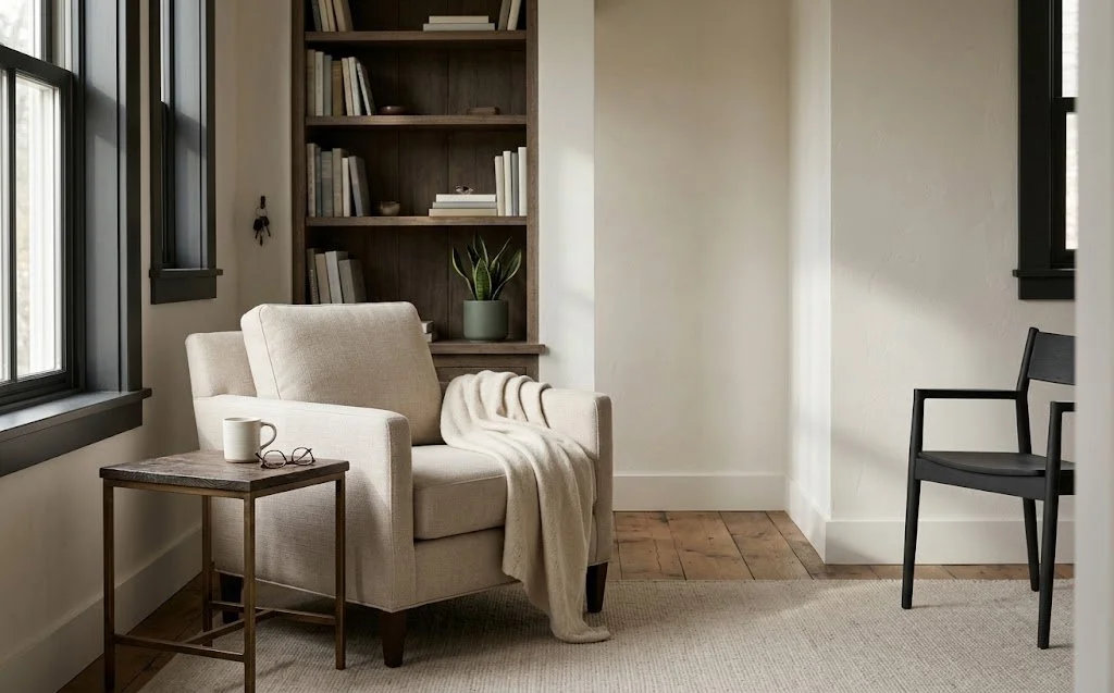 An inviting reading corner with a comfortable beige armchair, a cream throw blanket, and a brass side table. Behind it sits a large wooden bookshelf filled with books and a snake plant.