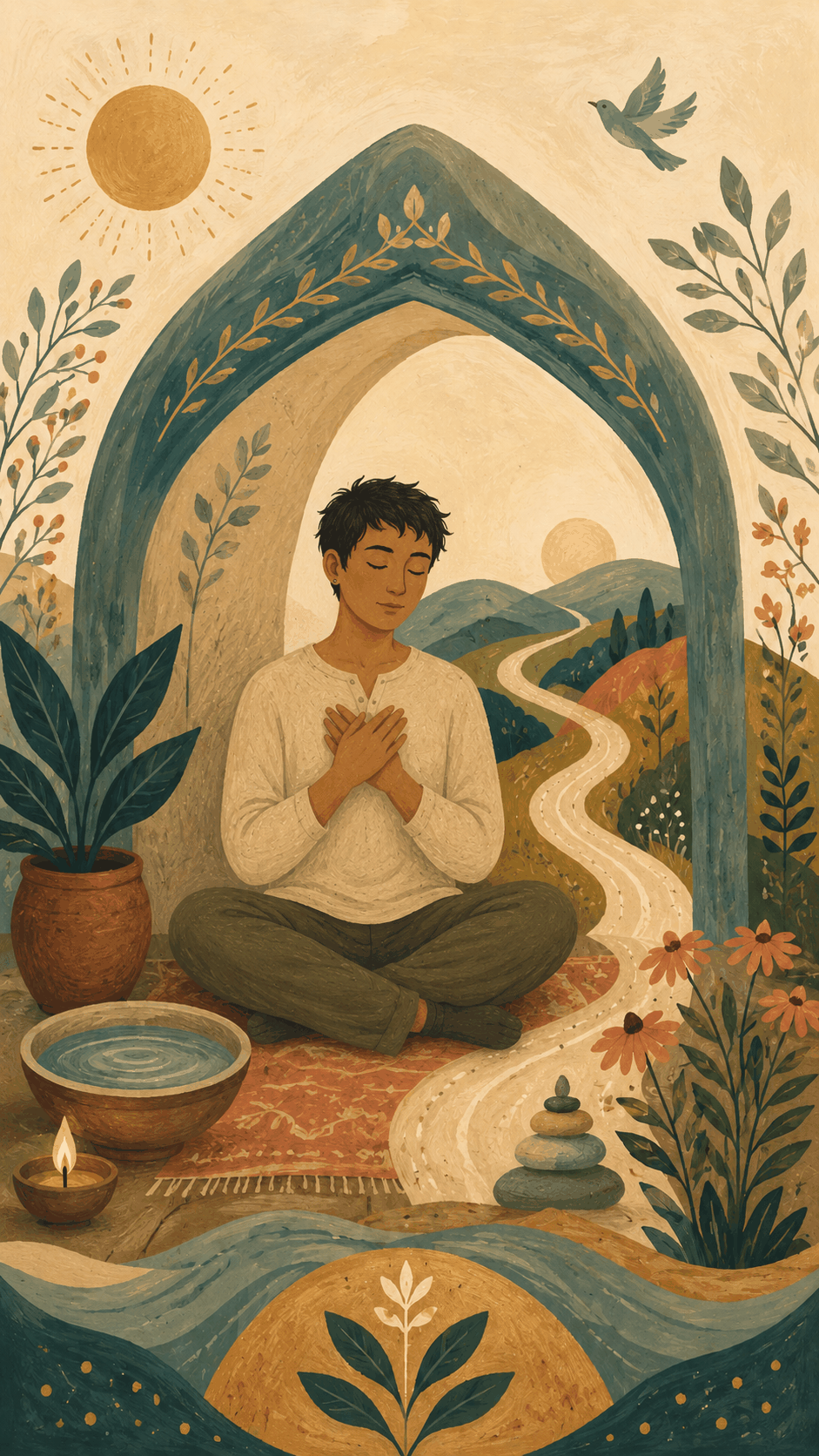 Folk art-style vertical illustration of a calm nonbinary person seated beneath an archway with hands over their heart, surrounded by plants, water, sunlight, and a winding path, symbolizing trauma-informed therapy, safety, grounding, and healing.