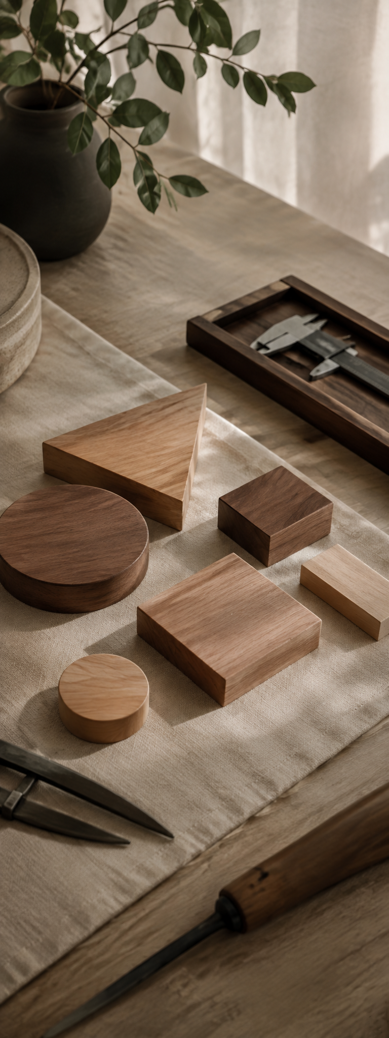Several measured wooden pieces arranged neatly on a warm work surface