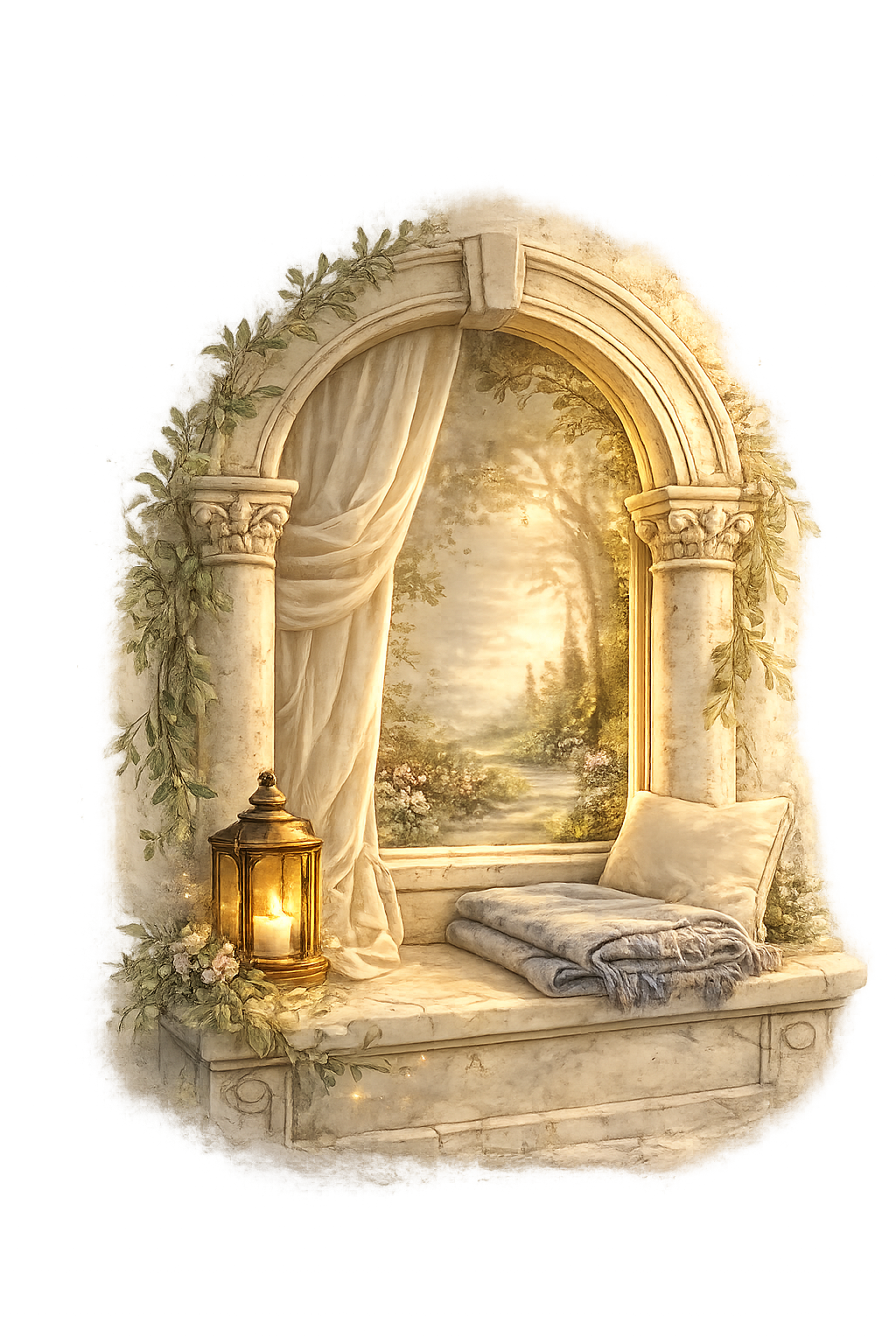 Classical window-seat vignette with a glowing lantern, folded blanket, laurel branches, and a peaceful garden path beyond the arch.