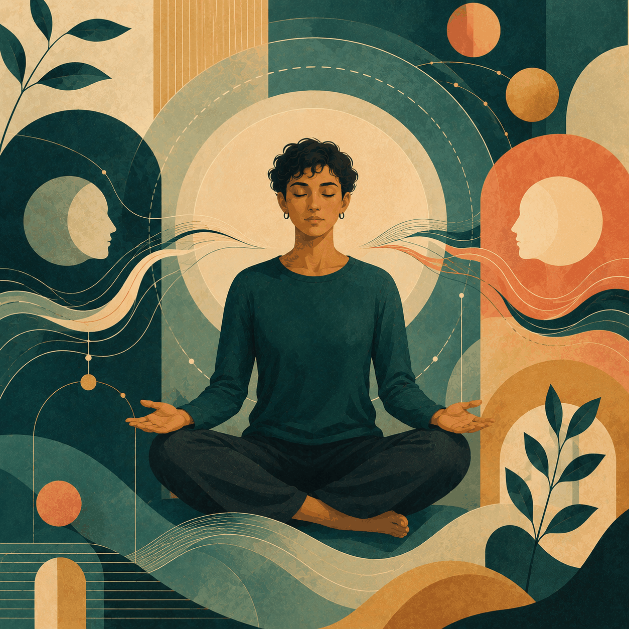 Avant-garde square illustration of a calm nonbinary person seated between two abstract profile shapes, with flowing lines and circular forms symbolizing boundaries, communication, and balanced interpersonal connection.
