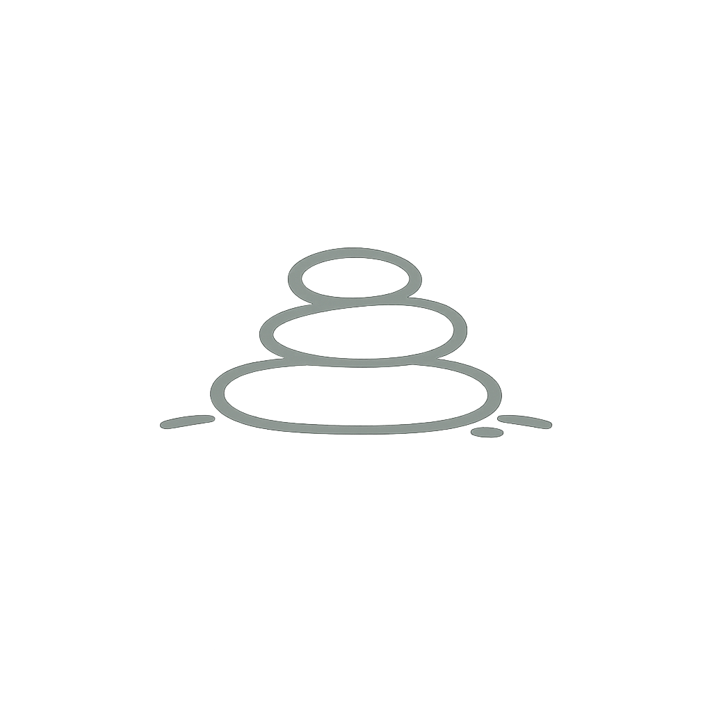Minimal monoline stacked stone icon in muted Forest Sage with smooth organic lines, symbolizing grounding, stability, resilience, balance, and inner calm.
