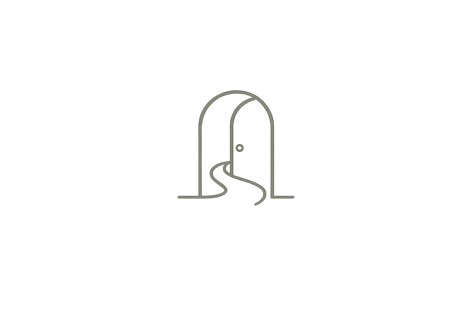 Thin-line forest sage icon of an open arched doorway with a winding path, representing possibility, change, and forward movement.
