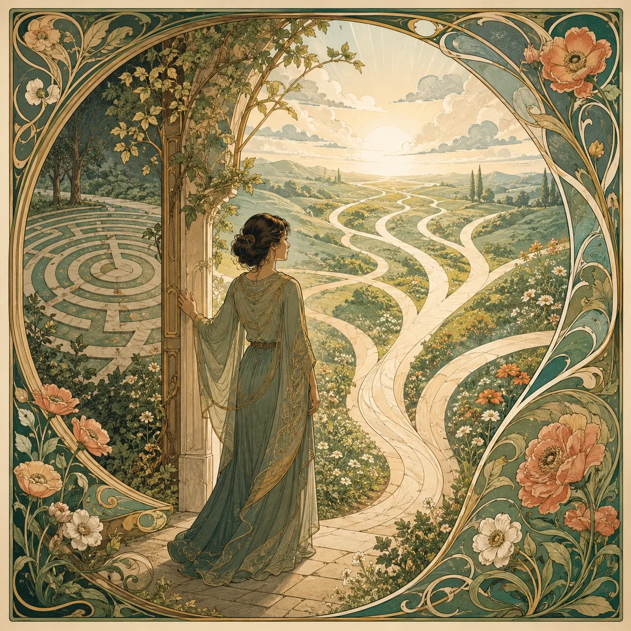 Art Nouveau-style illustration of a contemplative adult standing at an archway, looking from a circular maze toward branching sunlit paths, symbolizing more flexible responses, choice, and new ways forward.