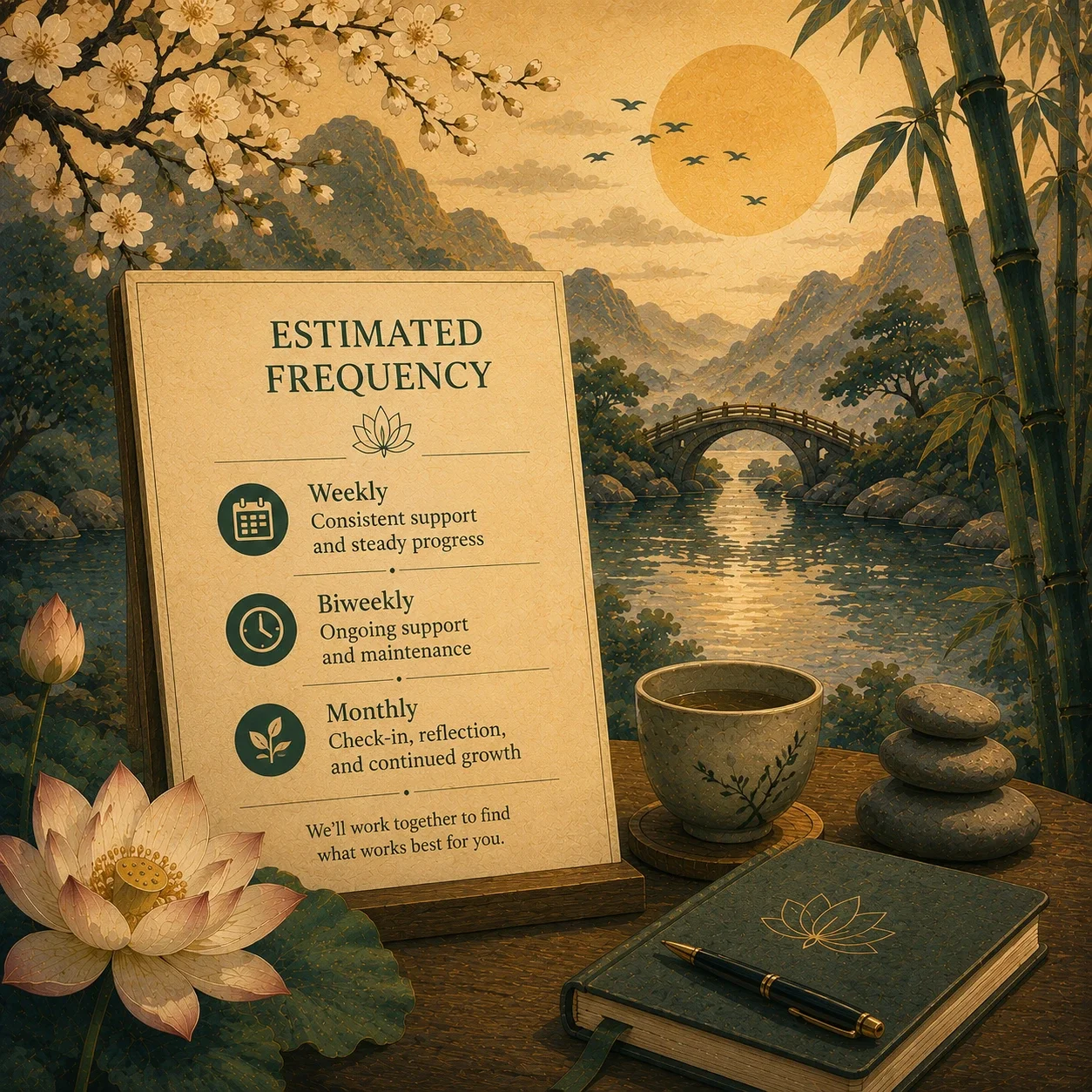 Nature-inspired illustration of a tranquil landscape with mountains, calm water, bamboo, lotus flowers, balanced stones, a teacup, and a planning display representing the pace and rhythm of ongoing therapy.