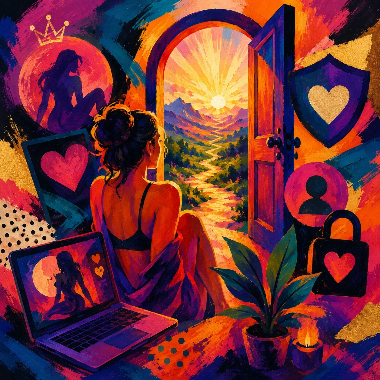 Fauvist-style image of a person beside digital screens, privacy symbols, and an open doorway leading to a bright landscape.