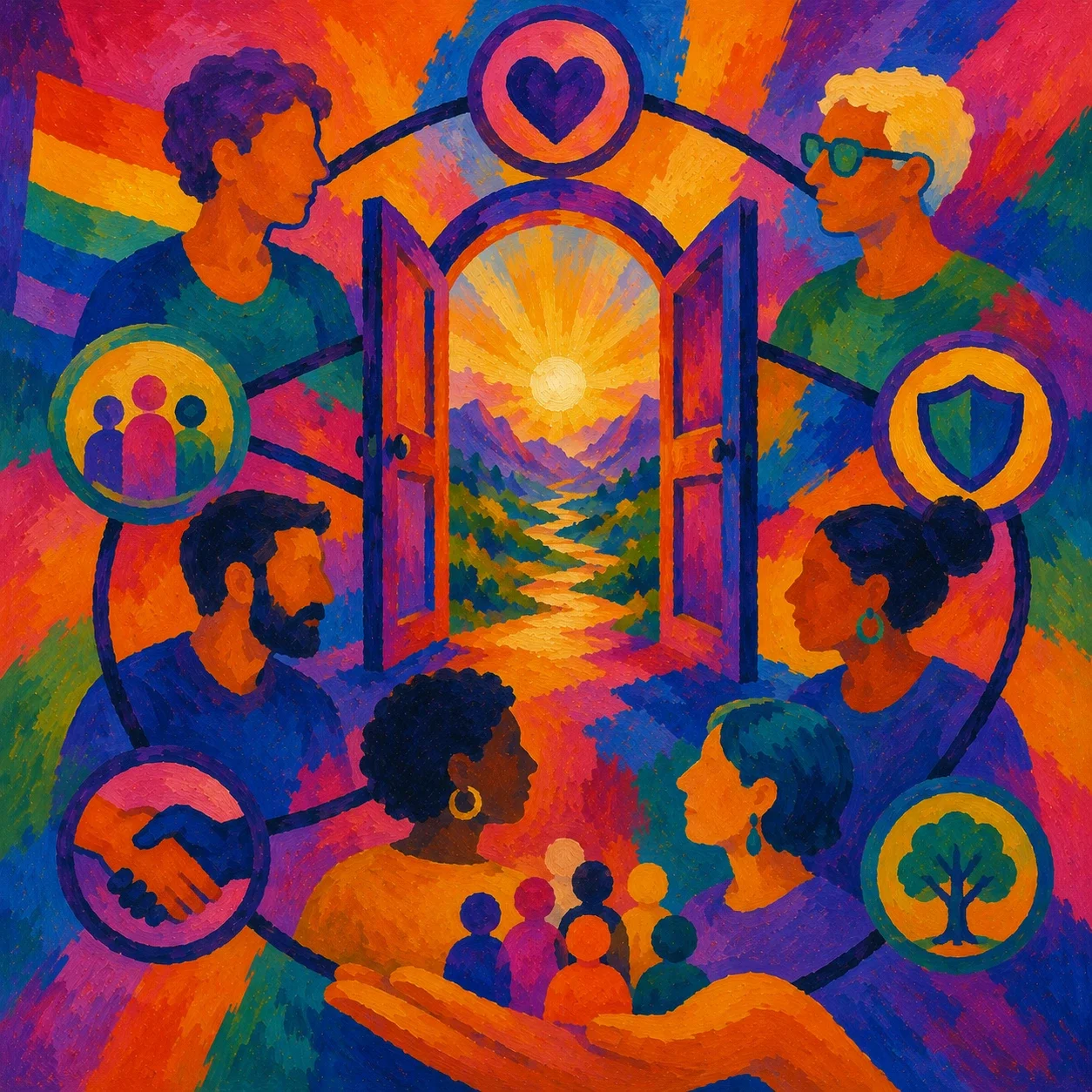 Fauvist-style painting of a diverse circle of people connected around an open doorway leading to a sunlit landscape, with colorful symbols of collaboration, trust, and community support.