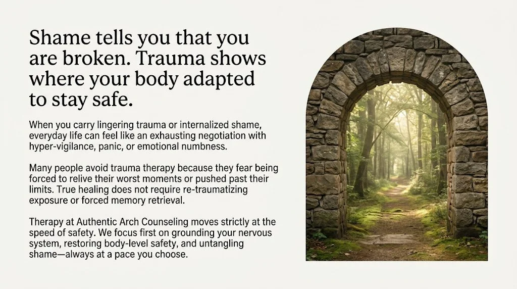 Slide with text on left about therapy and healing shame/trauma from Authentic Arch Counseling, and a stone arch framing a sun-dappled forest path on the right.